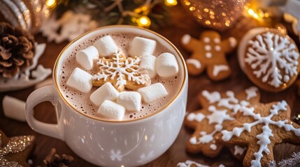 A cozy winter scene featuring a delicious cup of hot chocolate adorned with fluffy marshmallows, gingerbread cookies, and festive decorations to evoke holiday cheer.