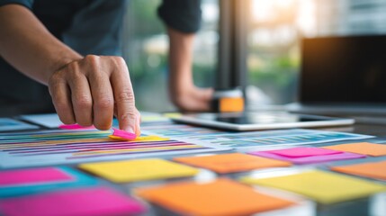 A person is writing on a table with colorful sticky notes