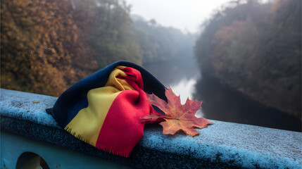 Woolen scarf in national colors draped over a stone bridge, autumn leaves caught in its folds.