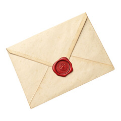 Vintage cream envelope sealed with a red wax seal isolated on transparent background