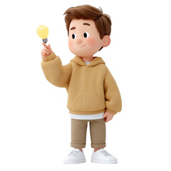 Young boy holding a light bulb in a cozy sweater, inspiring creativity and innovation in a cartoonish style