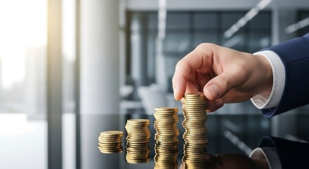 Male hand in navy suit stacking golden coins on black reflective surface, blurred luxury office background, editorial finance photography for wealth management themes