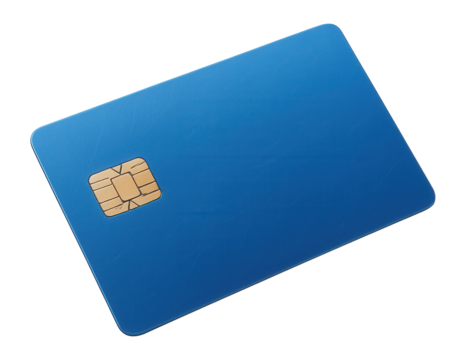 Blue credit card with microchip and scratches.