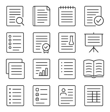 Linear documents icon set featuring checklist, presentation, report, calendar, and certificate symbols