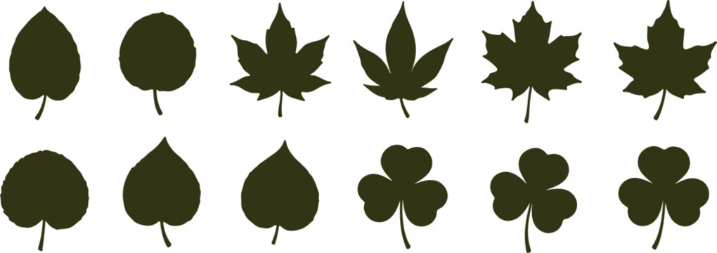 Collection of stylized green leaf silhouettes including maple and clover shapes on a white background