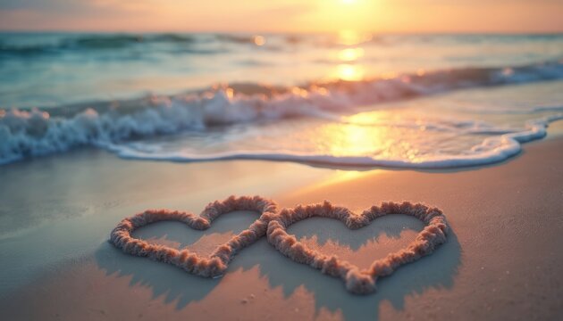 Two hearts drawn in soft sand on beach shoreline at sunset. Gentle ocean waves wash ashore near golden light reflecting on turquoise water. A romantic scene symbolizing connection and love.