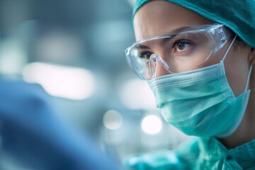 A woman in a green lab coat and a green hat is wearing a mask and goggles