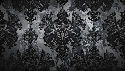 Dark Black Damask Pattern Wallpaper with Ornate Floral Design for Elegant Interior Decor