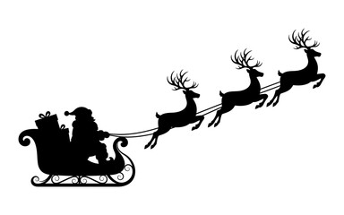 Santa Claus is flying in sleigh with Christmas reindeer. Silhouette of Santa Claus, sleigh with Christmas presents and reindeer .vector ilustration
