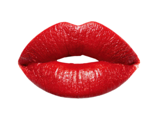 Close-up of vibrant red lips, slightly parted in a kiss-like expression.  A studio shot against a black background