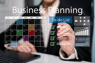 Professional businessman working in office using calendar checklist schedule planning business strategy improve sales performance achieve goal success data analysis concept