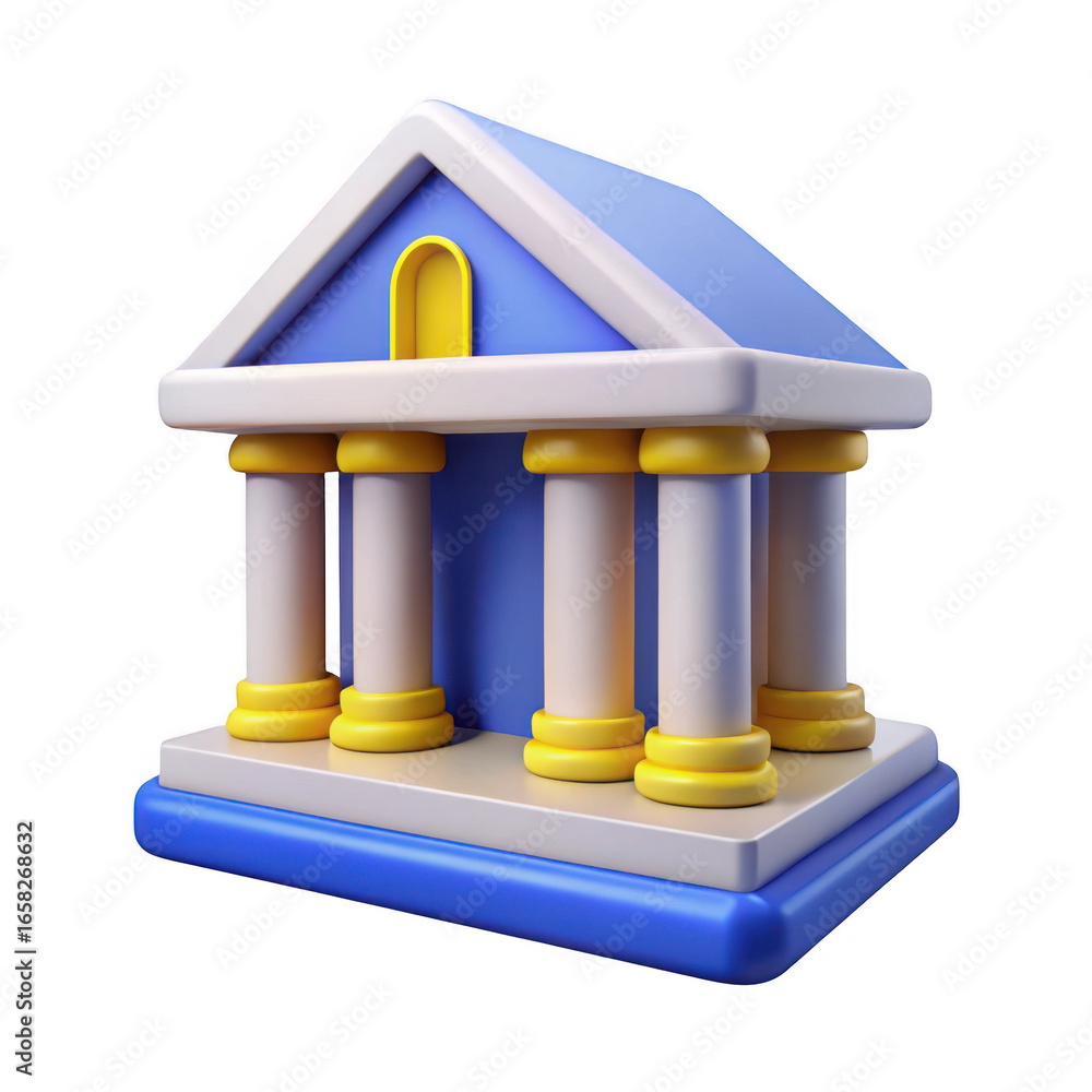 Poster 3d classic bank building with columns isolated on transparent background
