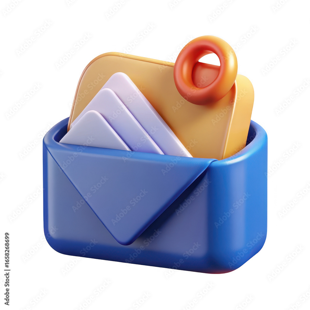 Poster 3d icon of a blue envelope with a yellow message and red notification isolated on transparent backgr