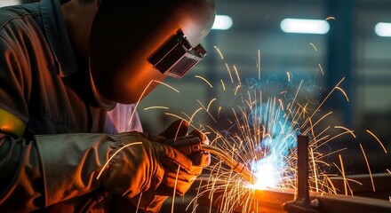 Male welder in protective gear welding metal components, sparks flying, molten steel glow, blurred factory background, cinematic industrial photography