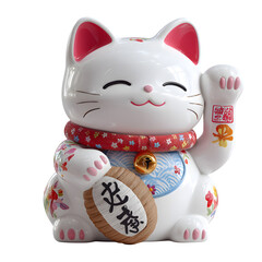A delicate maneki-neko lucky cat figurine, without a face, raising a paw, isolated on a white background,.0