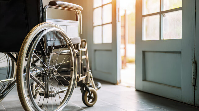 Wheelchair sits in sunlit room symbolizing end of journey and care needed in life