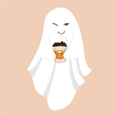 Funny ghost with a hot drink in paper cup. Sheet ghost holding a mug. Halloween design element, isolated vector illustration. Fall season aesthetic cute flat design