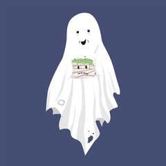 Funny old tattered sheet ghost with a bandaged head holding a mummy mug. Halloween design element, isolated vector illustration. Fall season aesthetic cute flat design.