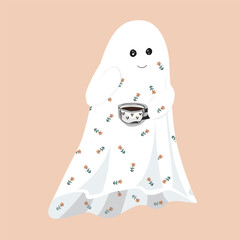 Funny cute sheet ghost with a hot drink. Sheet ghost holding a mug. Halloween design element, isolated vector illustration. Fall season aesthetic cute flat design