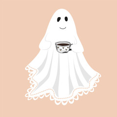 Funny cute lace-sheet ghost with a hot drink. Sheet ghost holding a mug. Halloween design element, isolated vector illustration. Fall season aesthetic cute flat design.