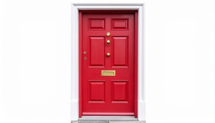 A colorful red front door with mail slot and knocker isolated on a white background
