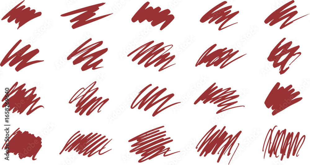 Poster collection of twenty abstract red scribbles and brush strokes on a white background