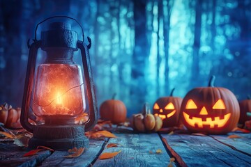 Cinematic Halloween lantern glowing on wooden table with pumpkins, dramatic lighting, spooky atmosphere, 3D render