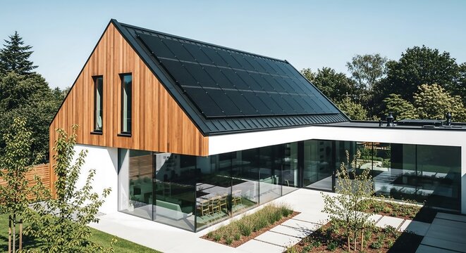 Scandinavian modern house with wooden roof and integrated solar panels, bright daylight architectural photography for professional eco-architecture imagery