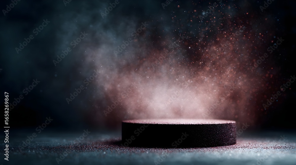 Poster abstract podium with floating particles and lighting