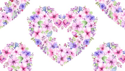 Watercolor Heart Shaped Floral Wreath Pink Purple Blossoms