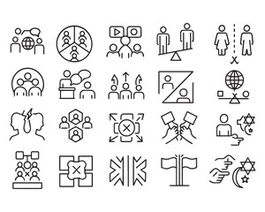 Set of outline icons related to social polarization. Linear icon collection
