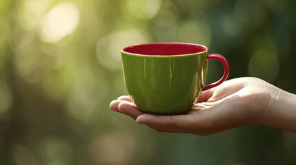 Obraz premium Hand gently holds vibrant green cup with red interior against blurred natural background, evoking sense of care and tranquility life simple