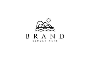 abstract mountain logo with lake water waves in sunlight in linear outline art design style