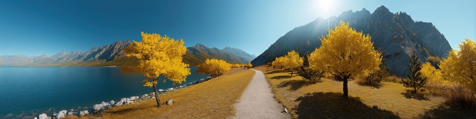 Panoramic autumn landscape with yellow trees by mountain lake under blue sky
