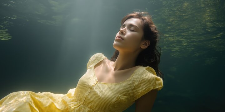 Young asian female in yellow dress floating peacefully underwater - Powered by Adobe