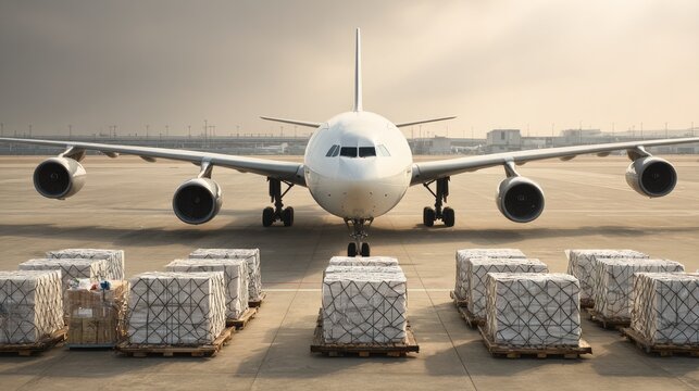 Cargo Aircraft on Tarmac with Palletized Freight Under Dramatic Sky and Airport Infrastructure in Background