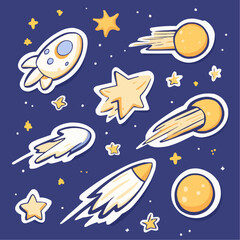 Naklejka premium Cartoon sticker sheet with small comets and tiny meteors, soft pastel palette for kids party decor, journaling and school crafts. Part of a sticker series
