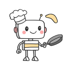 Recipe Creator - Adorable Chef Robot Preparing a Meal by Tossing a Pancake in a Frying Pan
