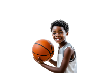 African American boy smiling while holding a basketball