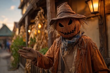 Obraz premium Creepy Scarecrow with a Pumpkin Head at Twilight