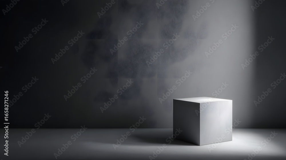 Wall mural minimalist cube platform on a grey wall with sharp focus and lighting
