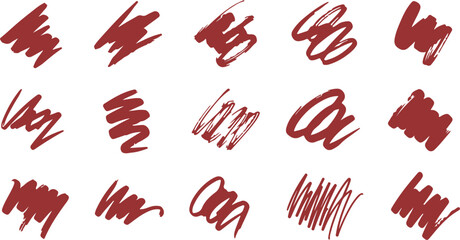 Fototapeta premium Collection of abstract red brush strokes and scribbles on a white background