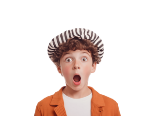 A 10-year-old boy with a shocked, surprised, and scared facial expression