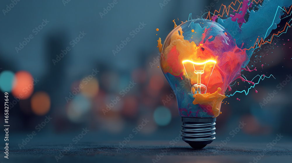 Poster lightbulb glowing with multicolored bokeh and financial graph lines showing business innovation