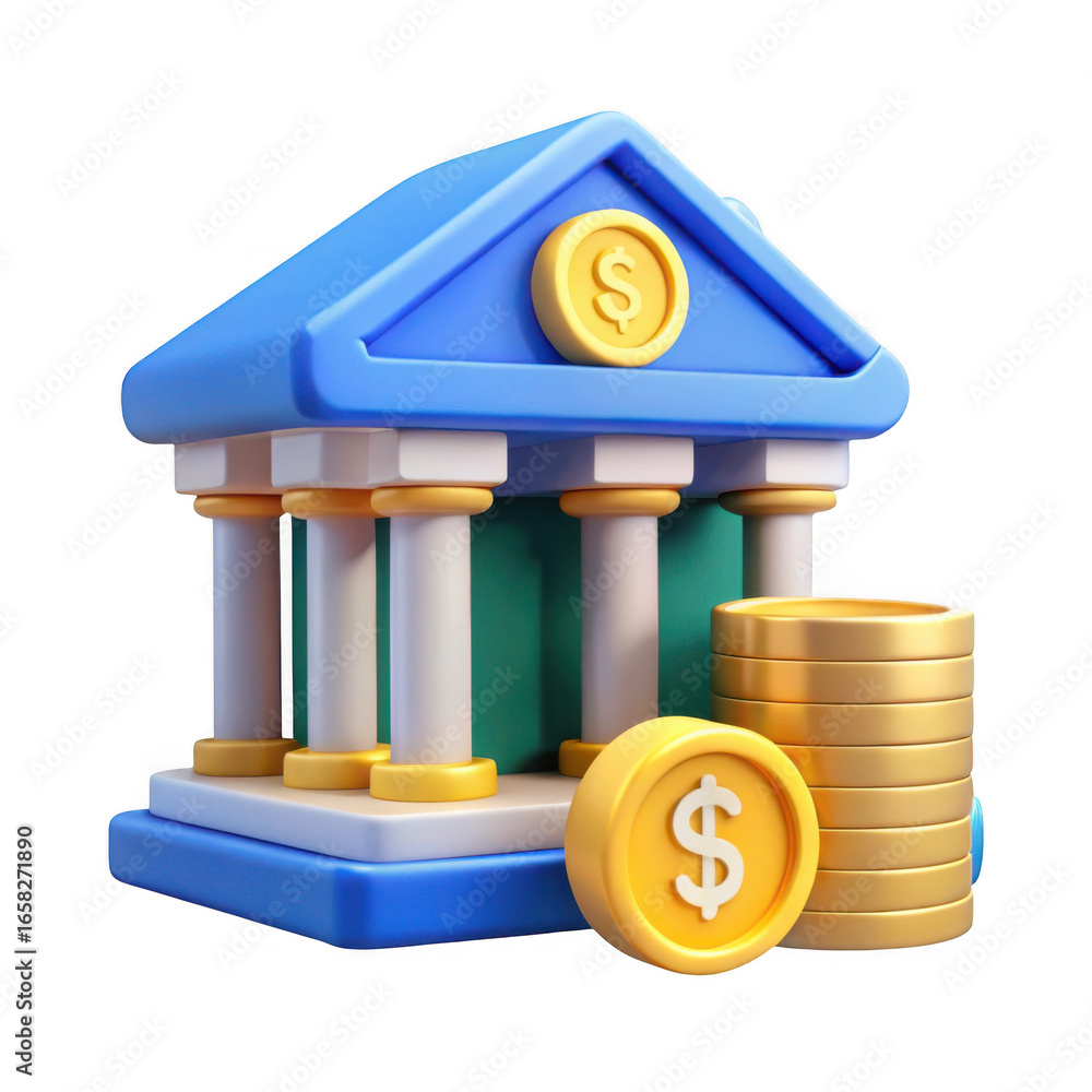 Poster 3d bank building with stacked coins isolated on transparent background