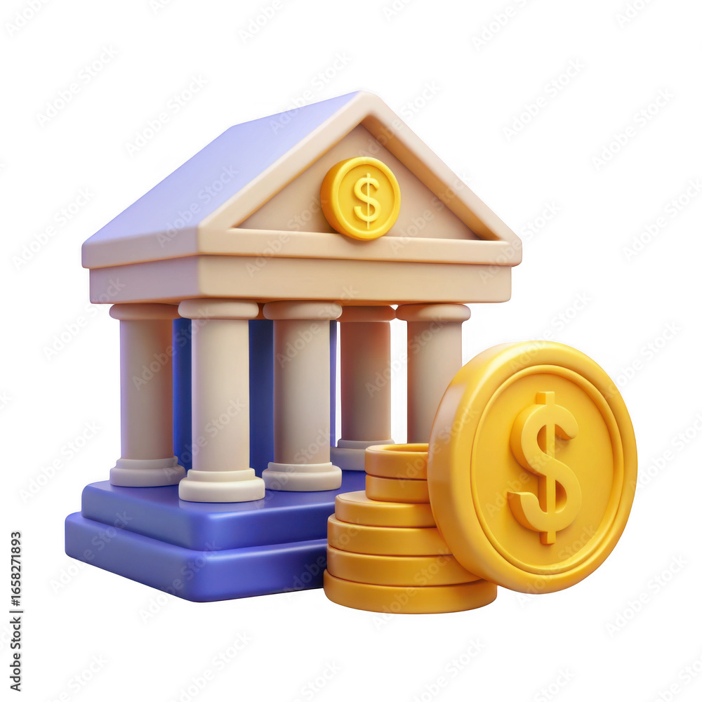 Poster 3d bank building with stacked coins isolated on transparent background