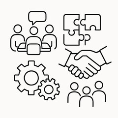 Obraz premium teamwork concept vector icon illustration, business meeting, partnership, collaboration, outline style 