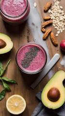 Healthy lifestyle flat lay with smoothies, fruits, vegetables, nuts, and superfoods on a clean background. Minimalistic composition with natural light, ideal for wellness, sports nutrition, and eco-fr