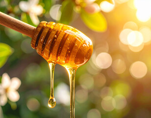Macro Close Up Honey Dripping from Wooden Dipper with Bokeh Lights