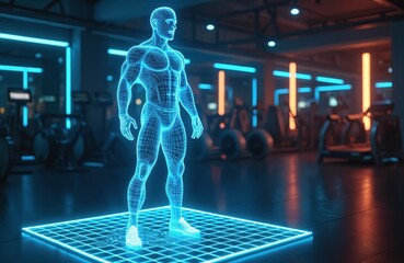 Futuristic gym with neon illumination features a holographic male figure standing on a digital grid. This modern fitness environment showcases advanced technology and virtual training concepts.